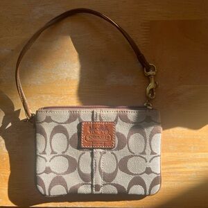 Coach Signature Canvas Wristlet in Brown and Tan